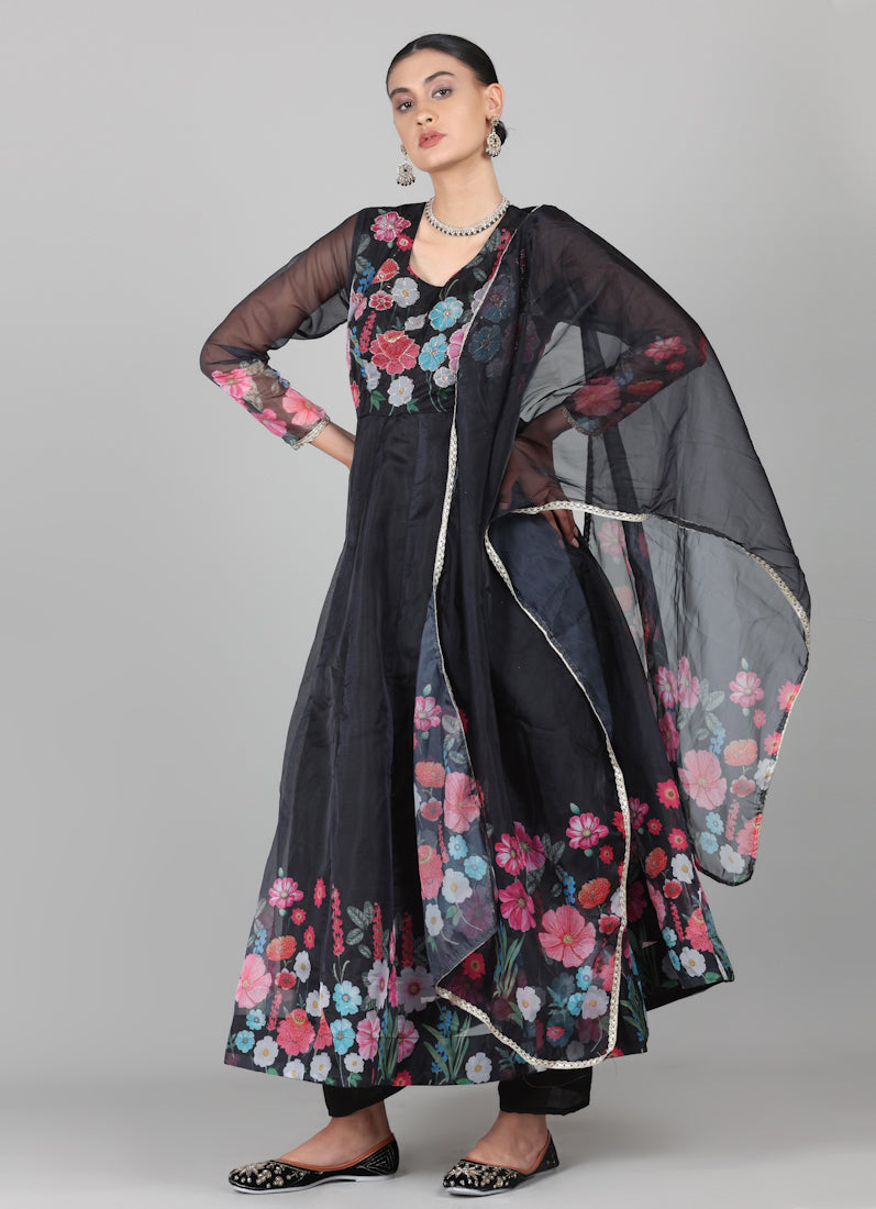Black Organza Floral Printed Suit Set