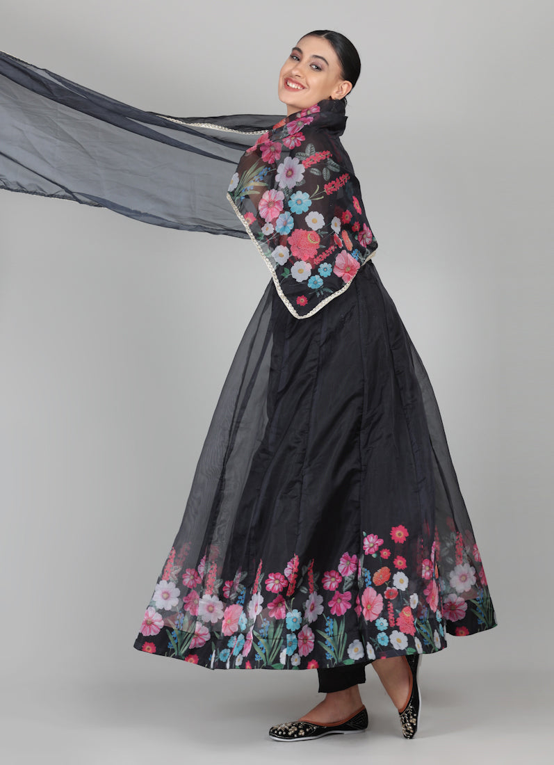 Black Organza Floral Printed Suit Set