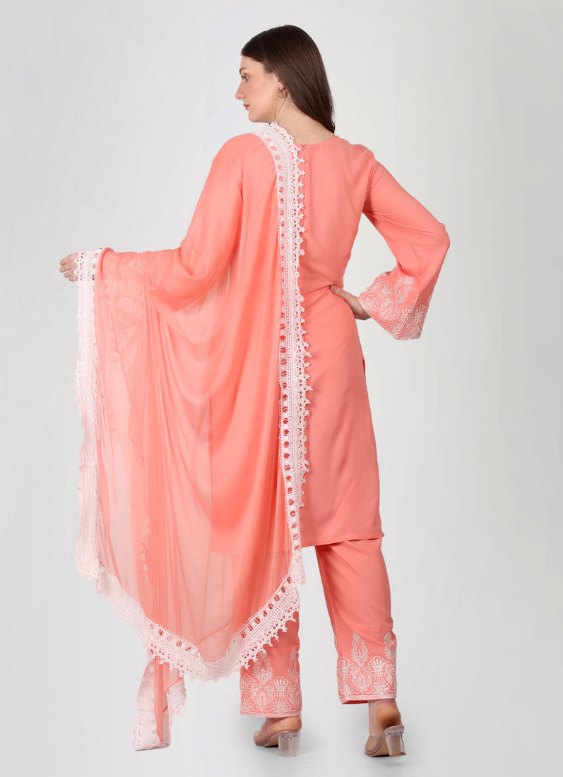 Peach Rayon Crochet Lace Suit Set