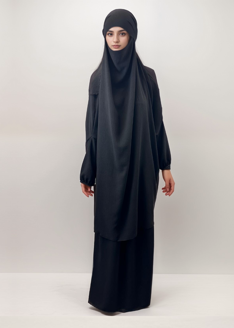 Black Modest Elegance Skirt & Top Set With Attached Hijab