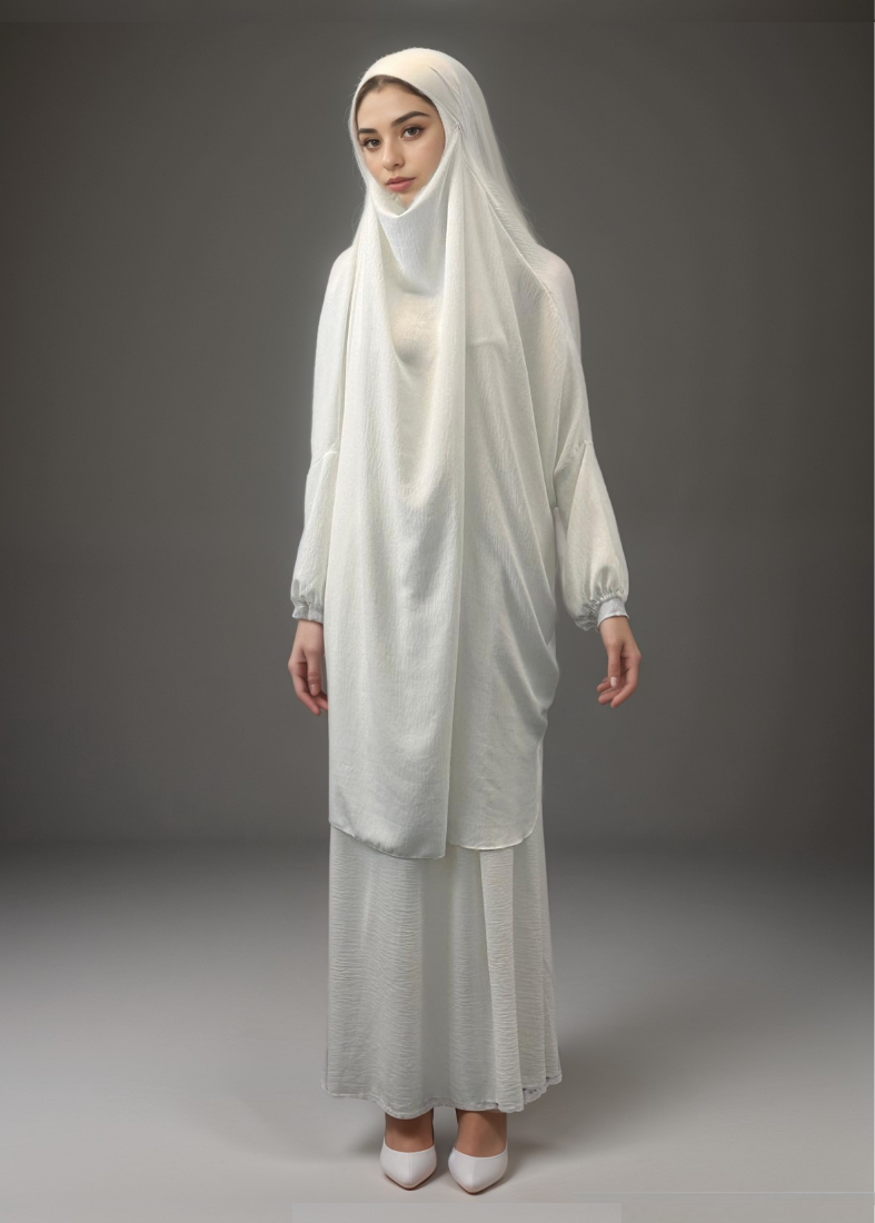 White Modest Elegance Skirt & Top Set With Attached Hijab
