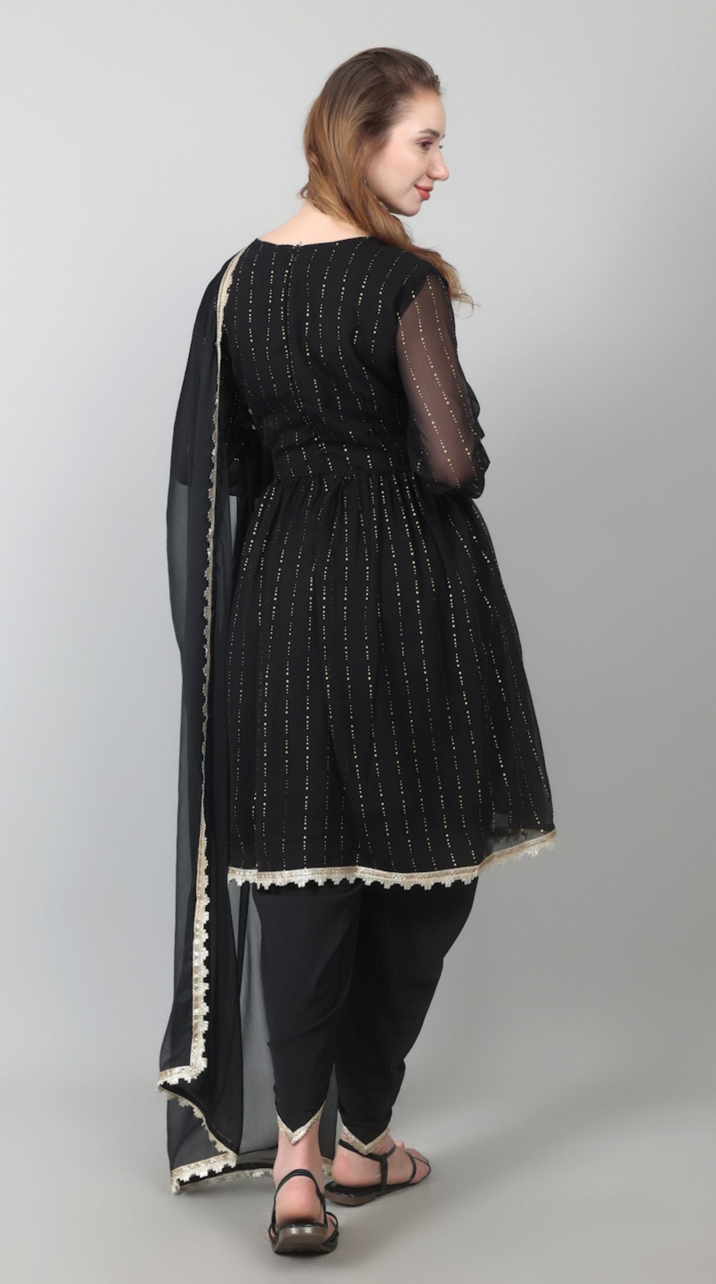 Black Georgette Lurex Peplum Suit Set