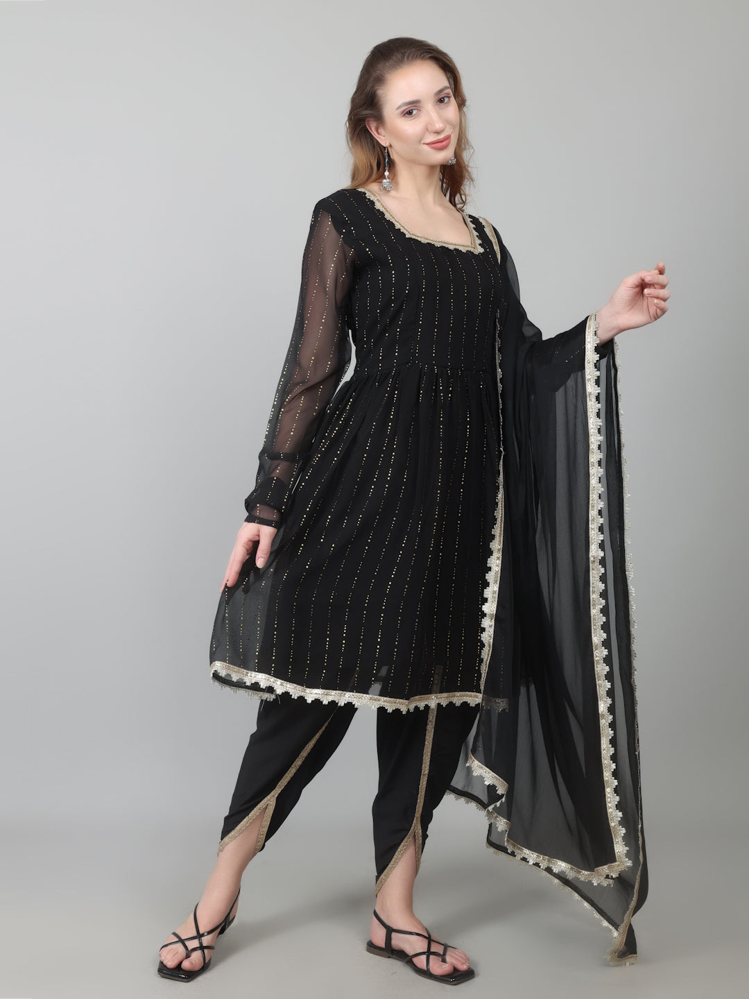 Black Georgette Lurex Peplum Suit Set