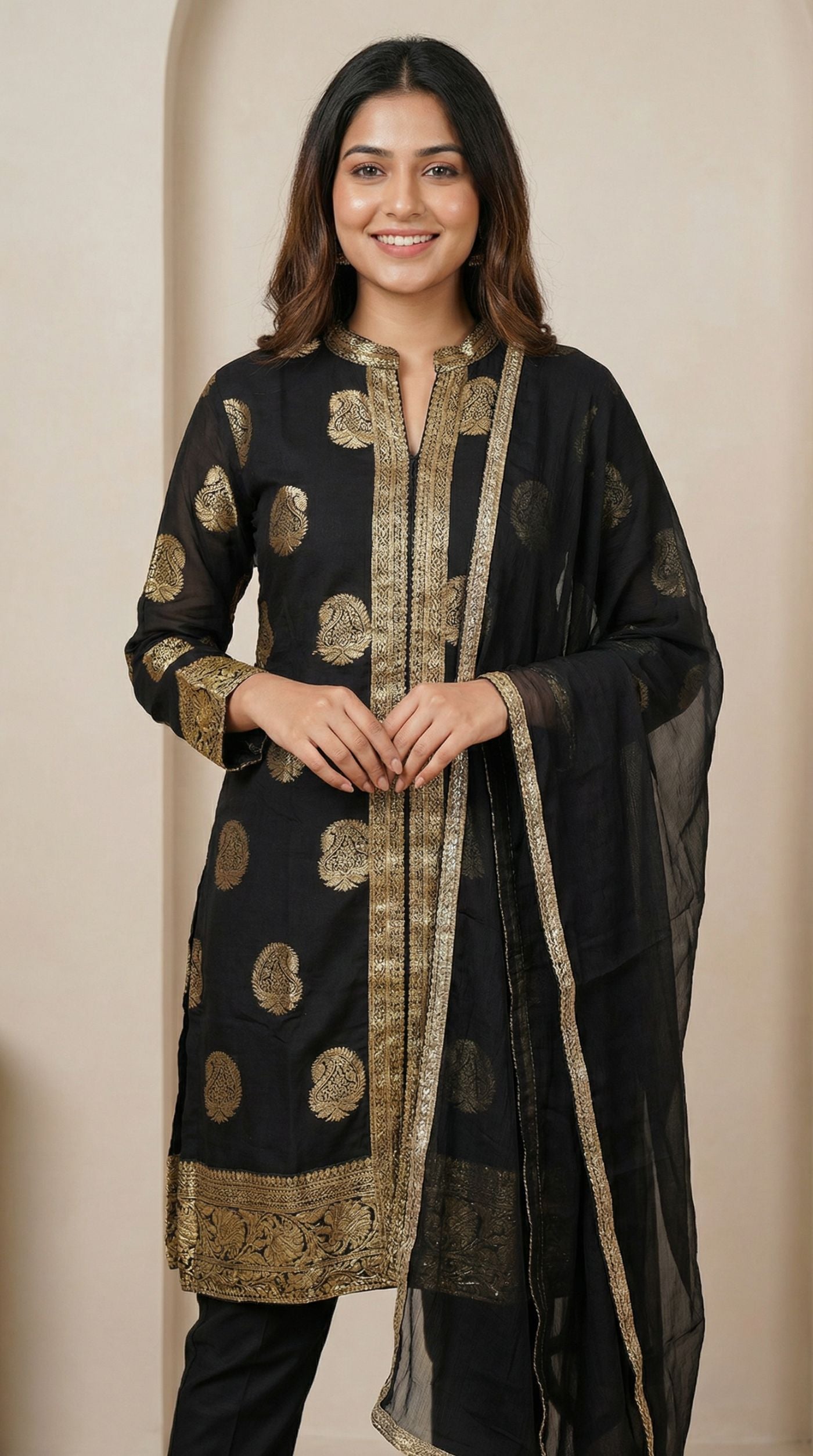 Black Jacket Style Shift Suit with Salwar & Chiffon Dupatta