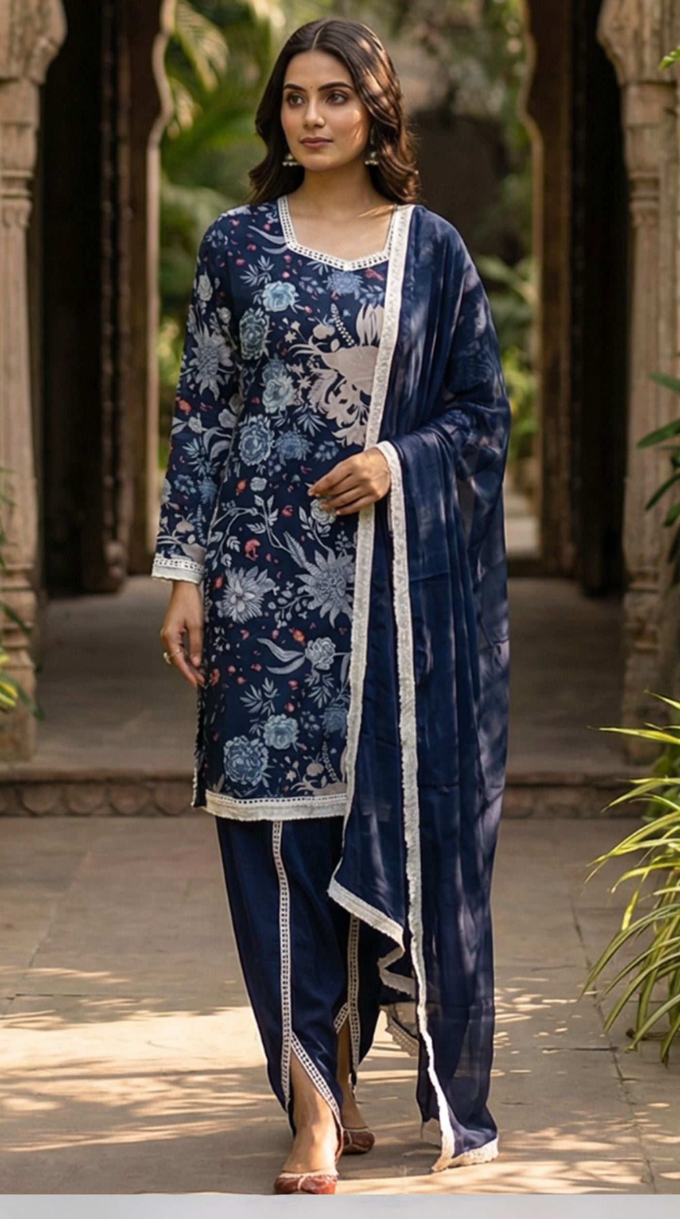 Navy Blue Georgette Printed Suit Set