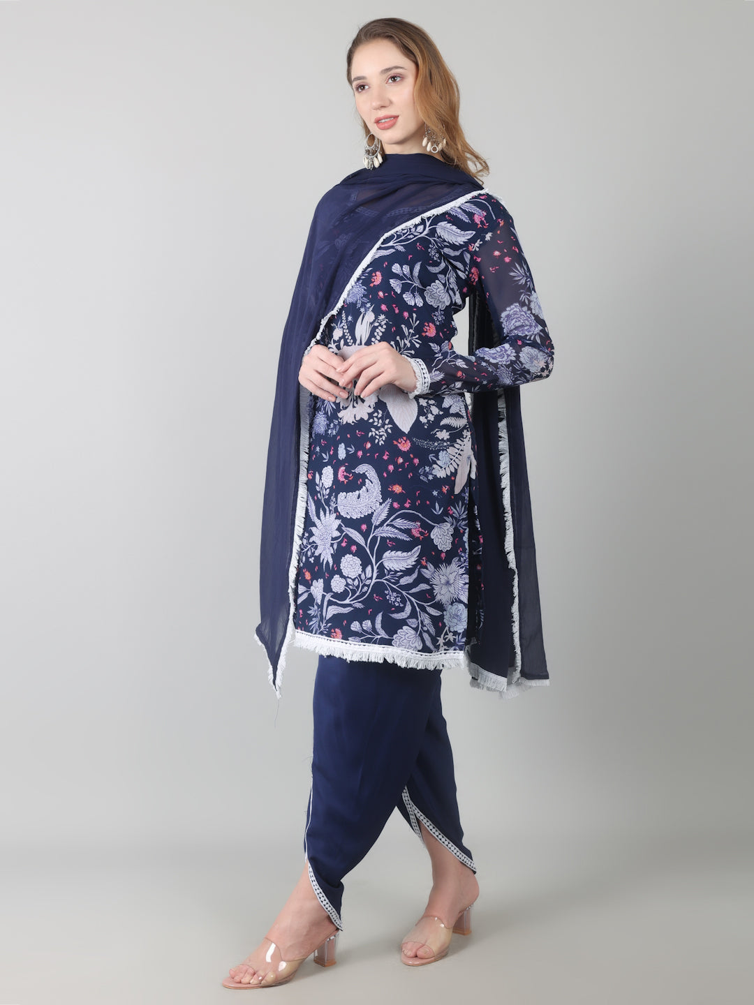 Navy Blue Georgette Printed Suit Set