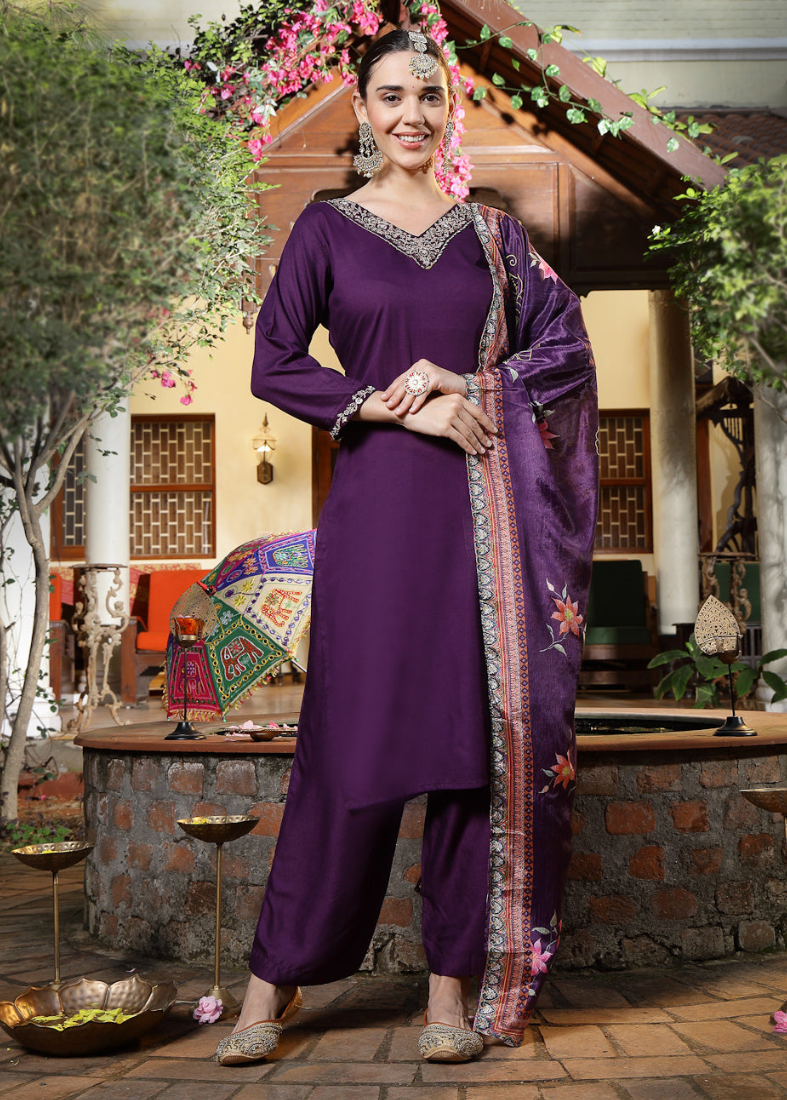 Purple Viscose Straight Cut Suit Set