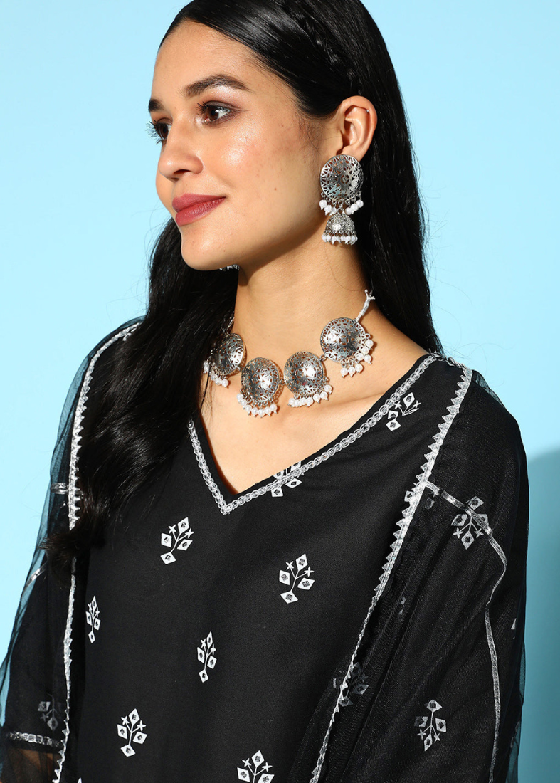 Black Rayon Printed Gharara Suit Set
