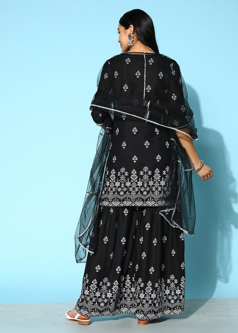 Black Rayon Printed Gharara Suit Set