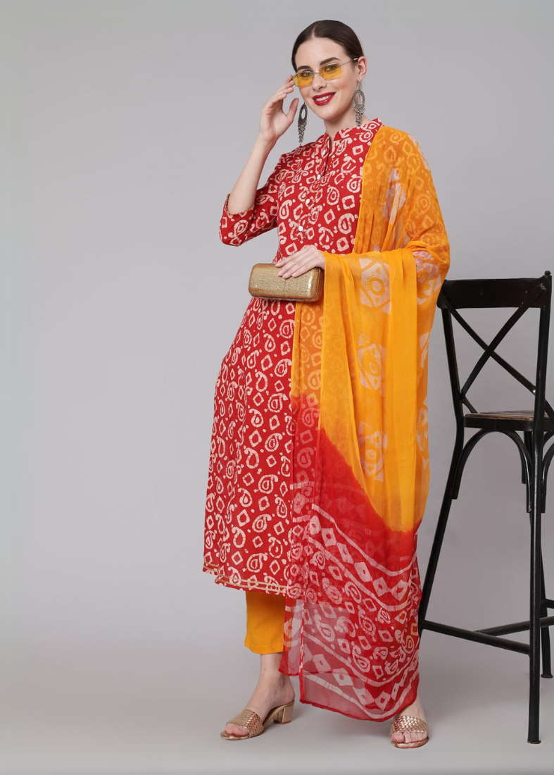 Red Cotton Straight Cut Suit Set