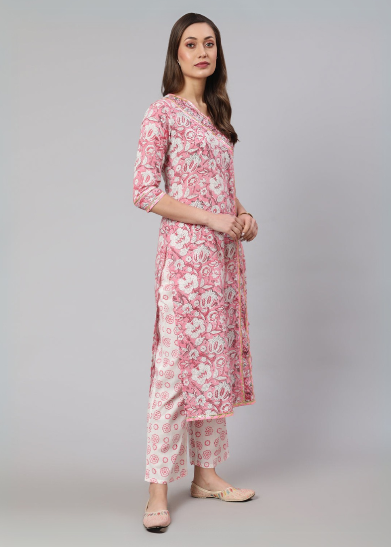 Pink Cotton Printed Suit Set