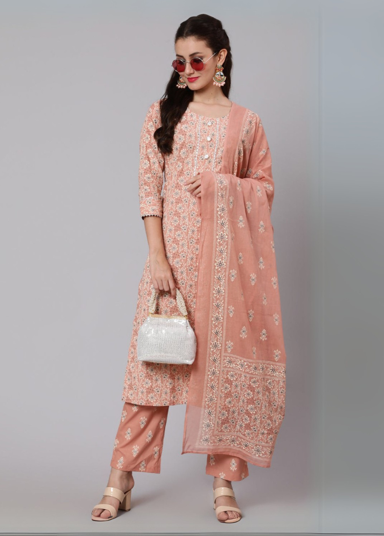 Peach Cotton Printed Suit Set