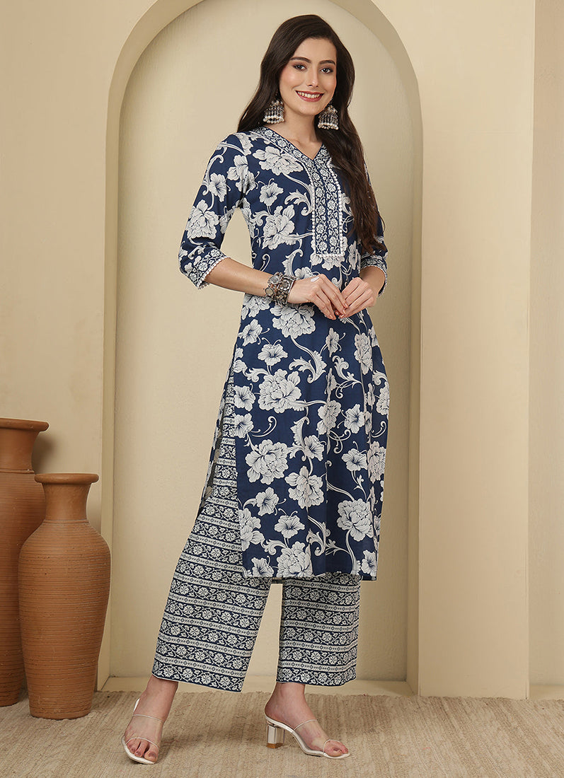 Blue Cotton Straight Cut Printed Suit