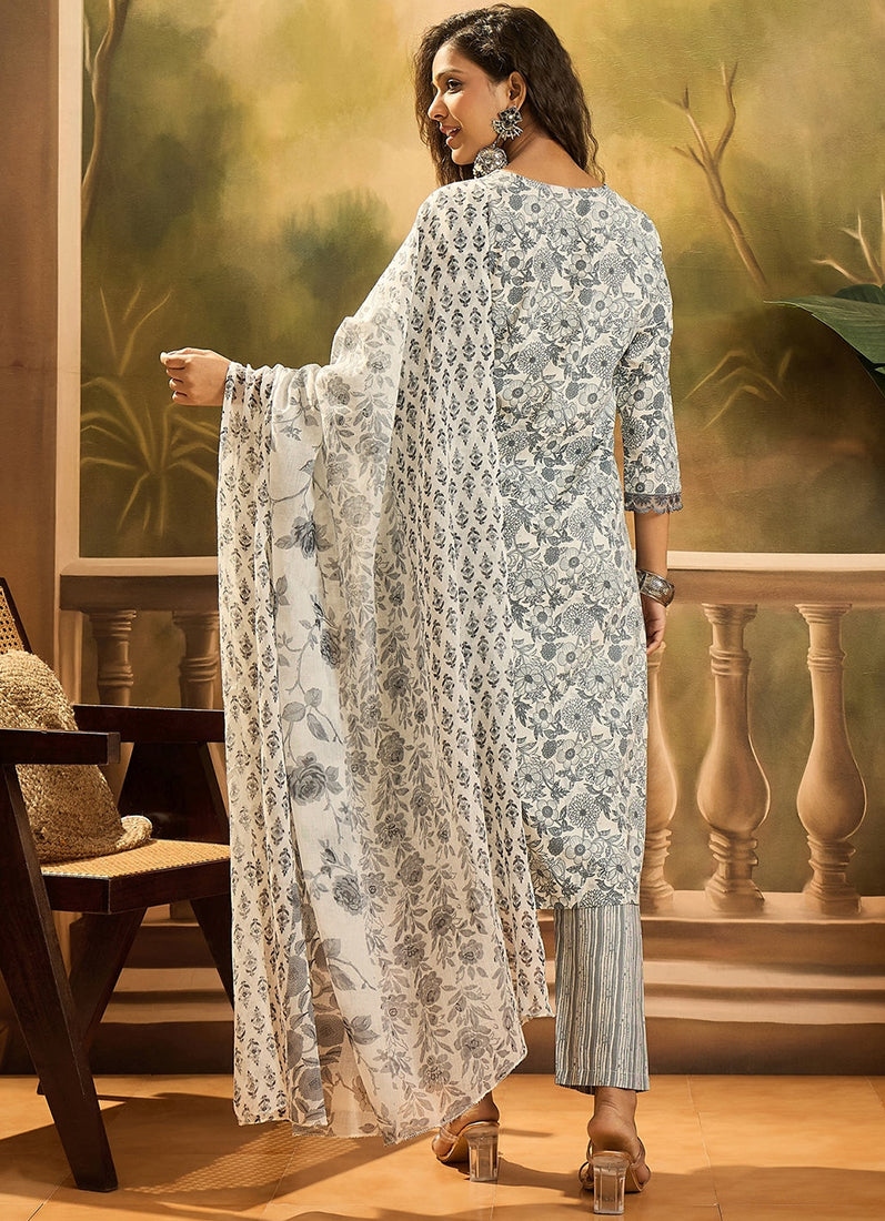 Grey Cotton Straight Cut Printed Suit