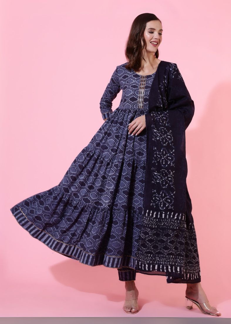 Blue Rayon Bias Cut Printed Dupatta Suit Set