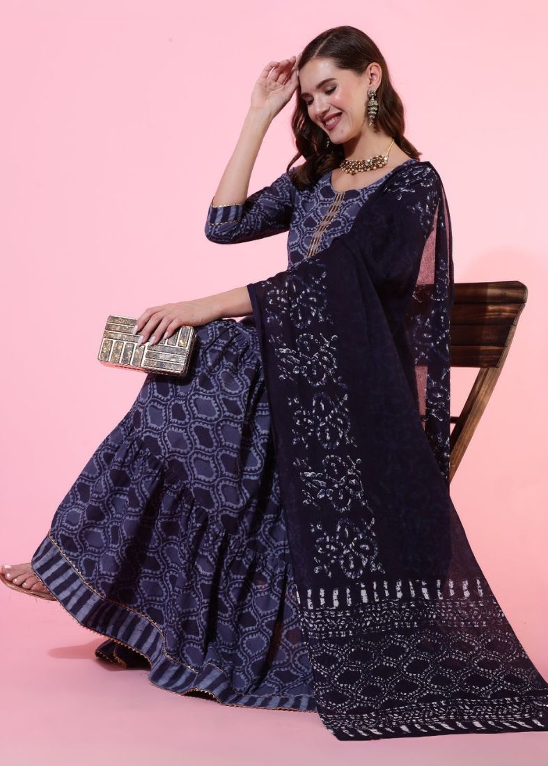 Blue Rayon Bias Cut Printed Dupatta Suit Set