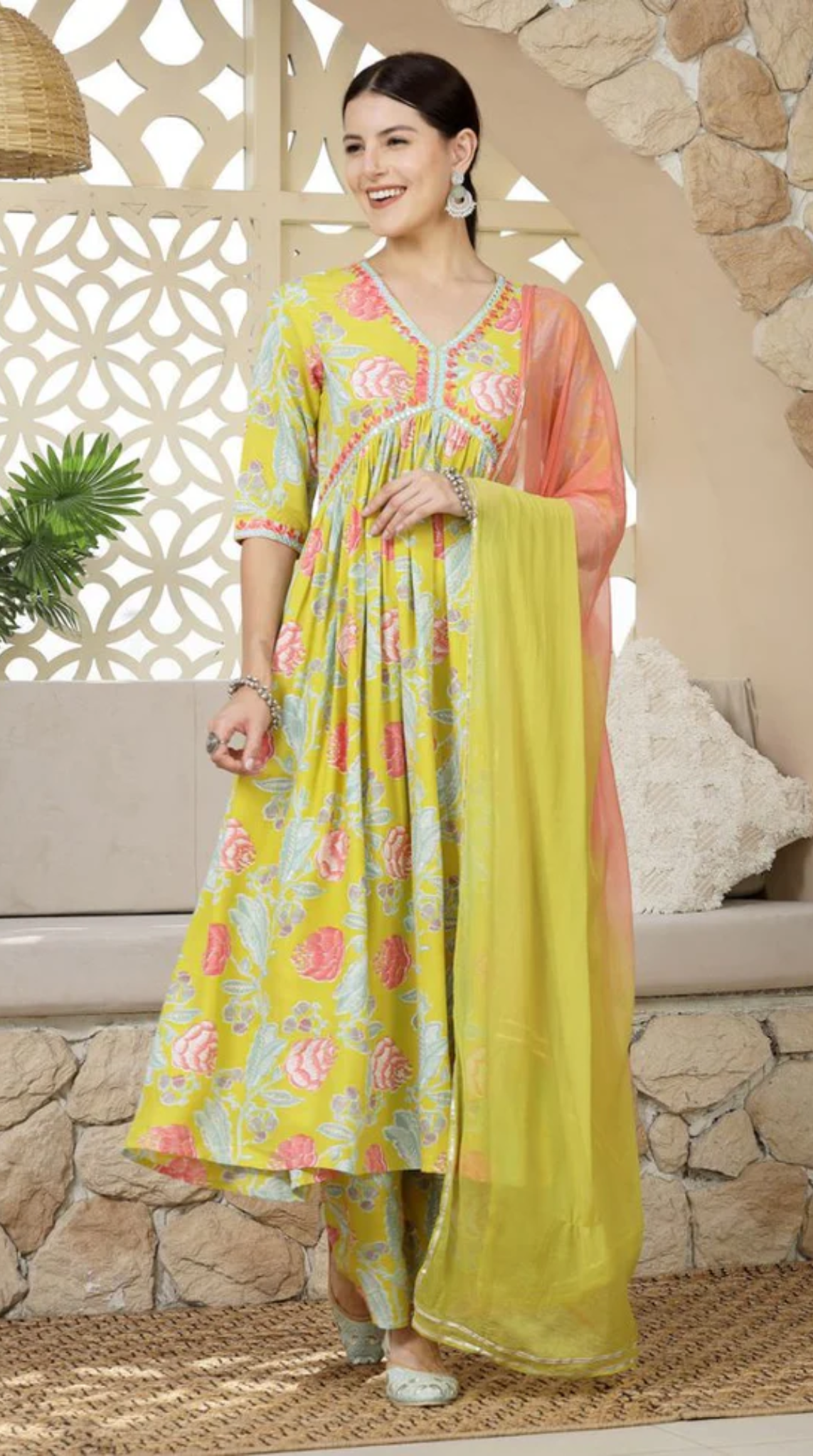 Rayon Bias Cut Suit Set In Yellow