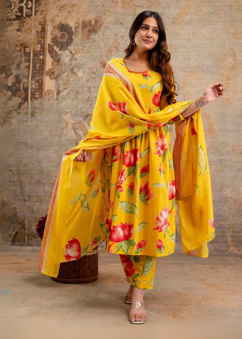 Cotton Bias Cut Suit Set In Yellow