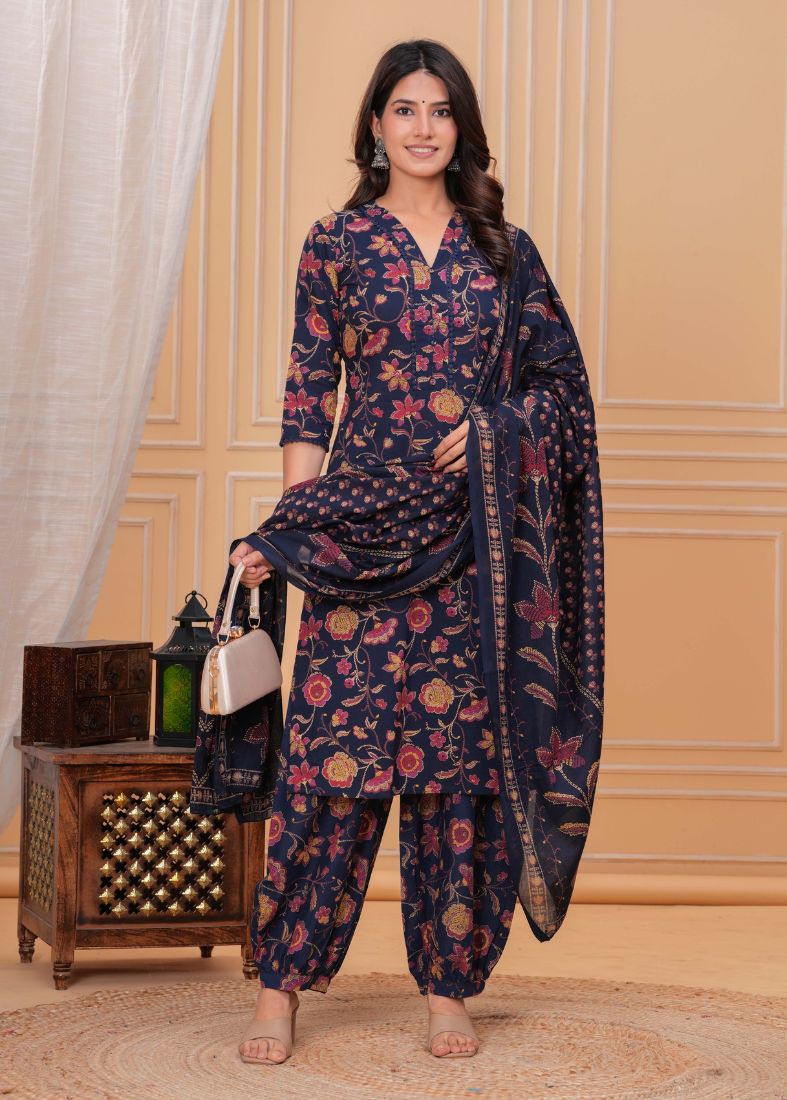 Blue Printed Straight Cut Suit Set
