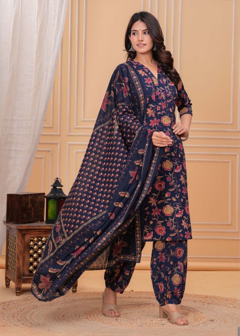 Blue Printed Straight Cut Suit Set