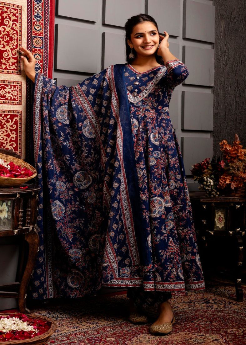 Blue Cotton Printed Suit Set