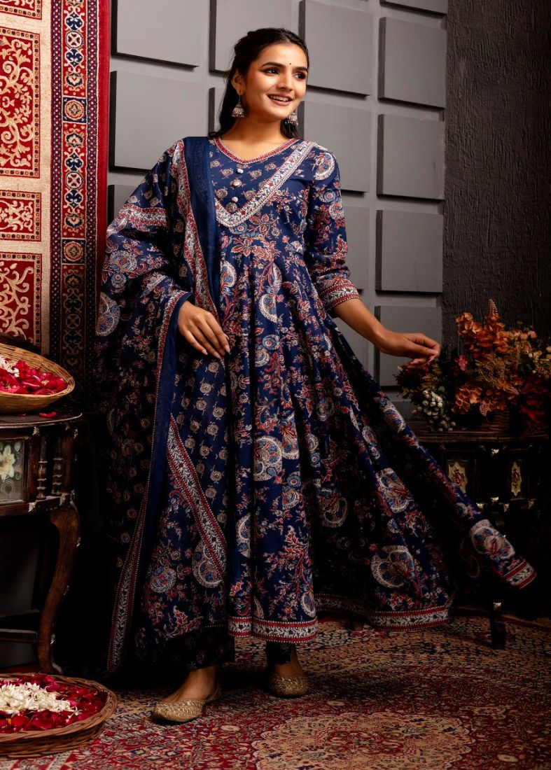 Blue Cotton Printed Suit Set