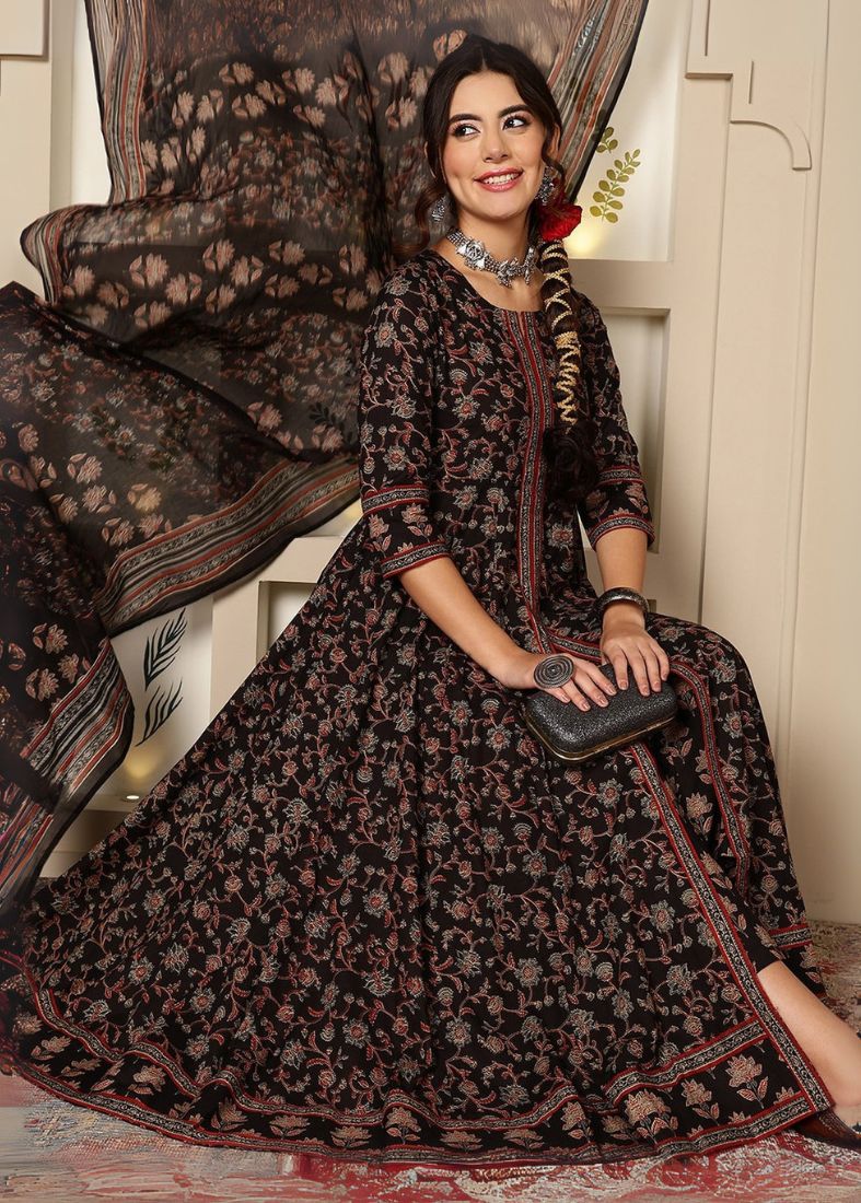 Black Cotton Printed Front Slit Suit Set