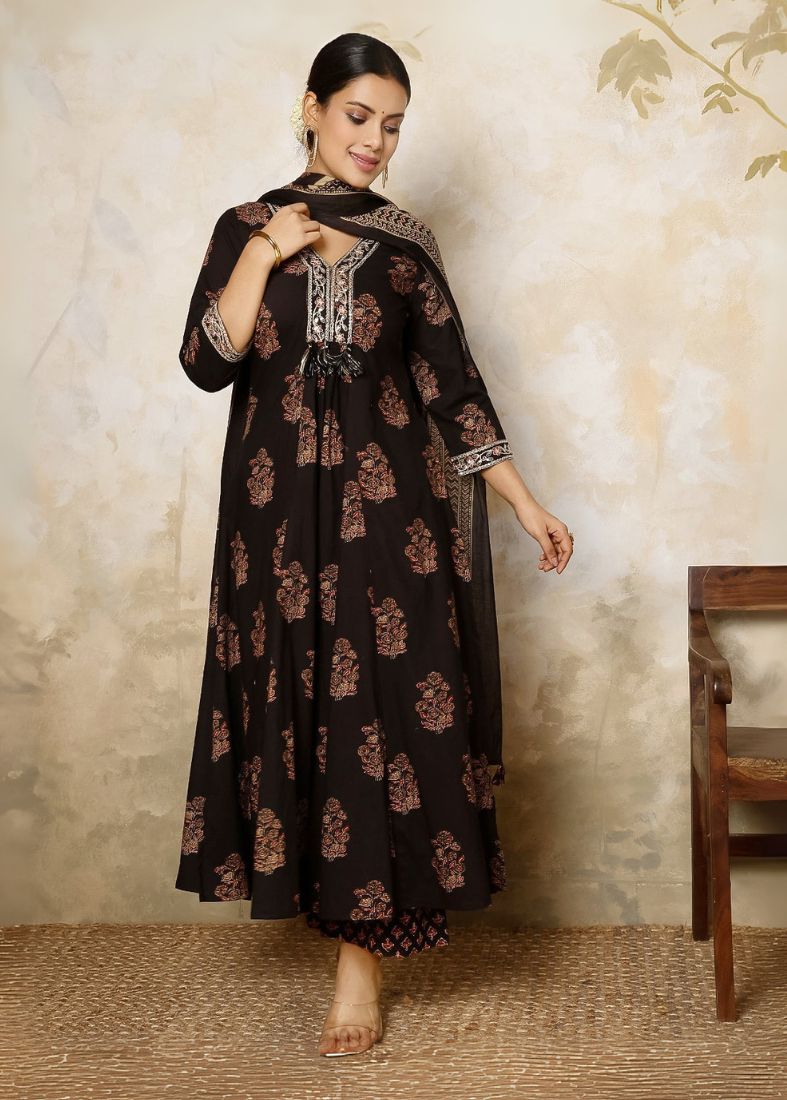 Black Cotton Printed Suit Set