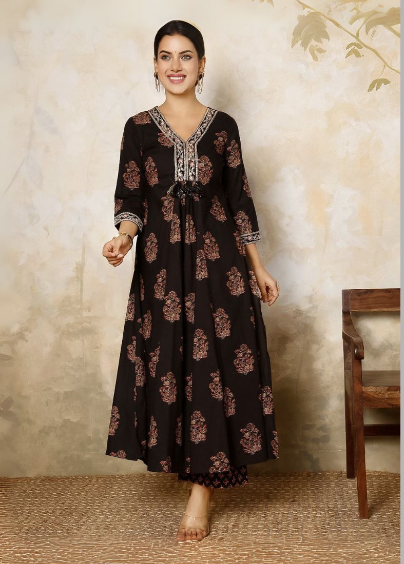 Black Cotton Printed Suit Set