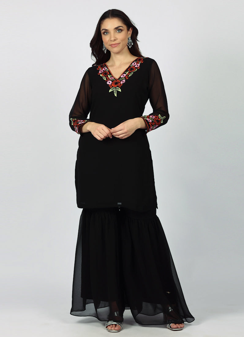 Black Georgette Thread Embroidered Suit Set