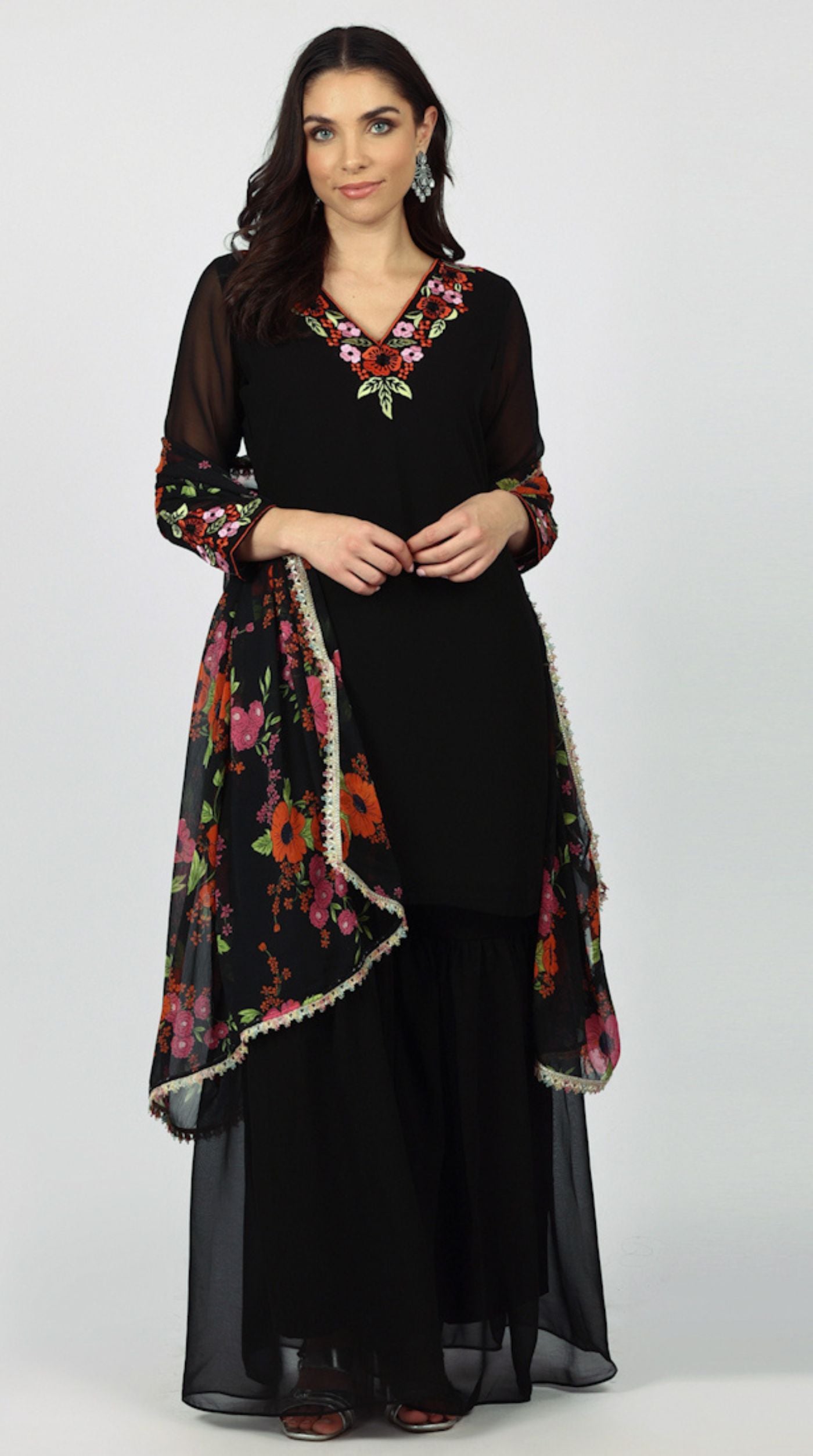Black Georgette Thread Embroidered Suit Set