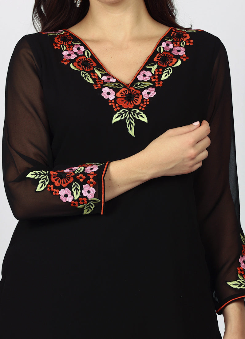 Black Georgette Thread Embroidered Suit Set
