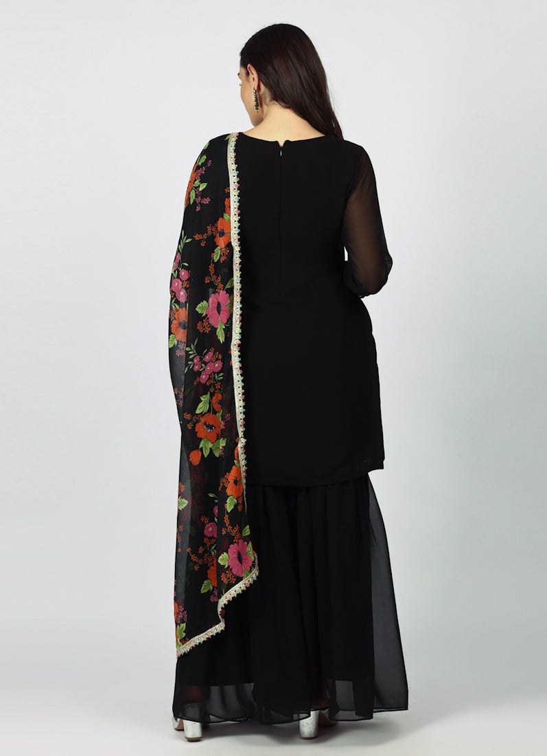 Black Georgette Thread Embroidered Suit Set