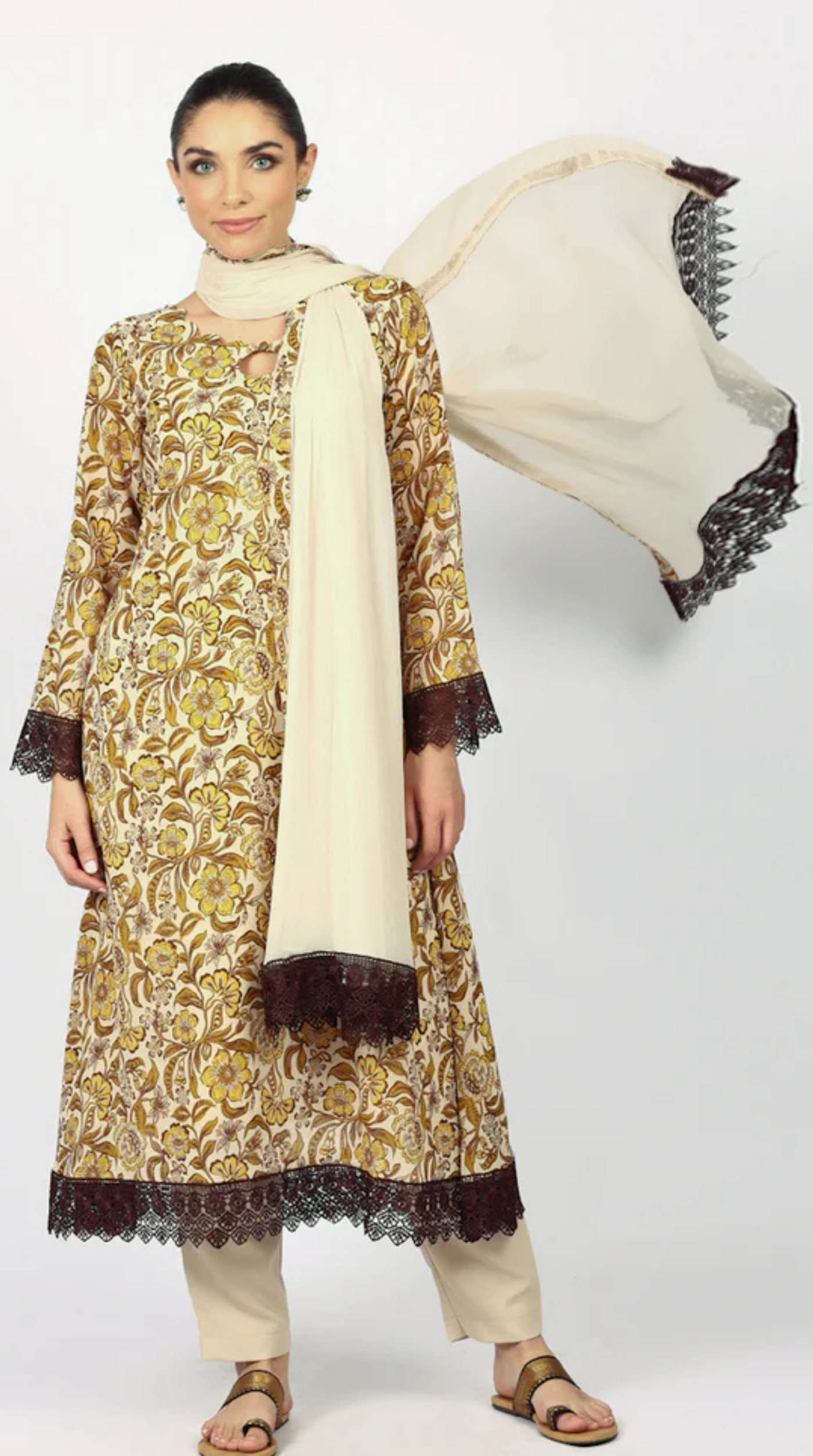 Mouse Brown Georgette Printd Suit Set