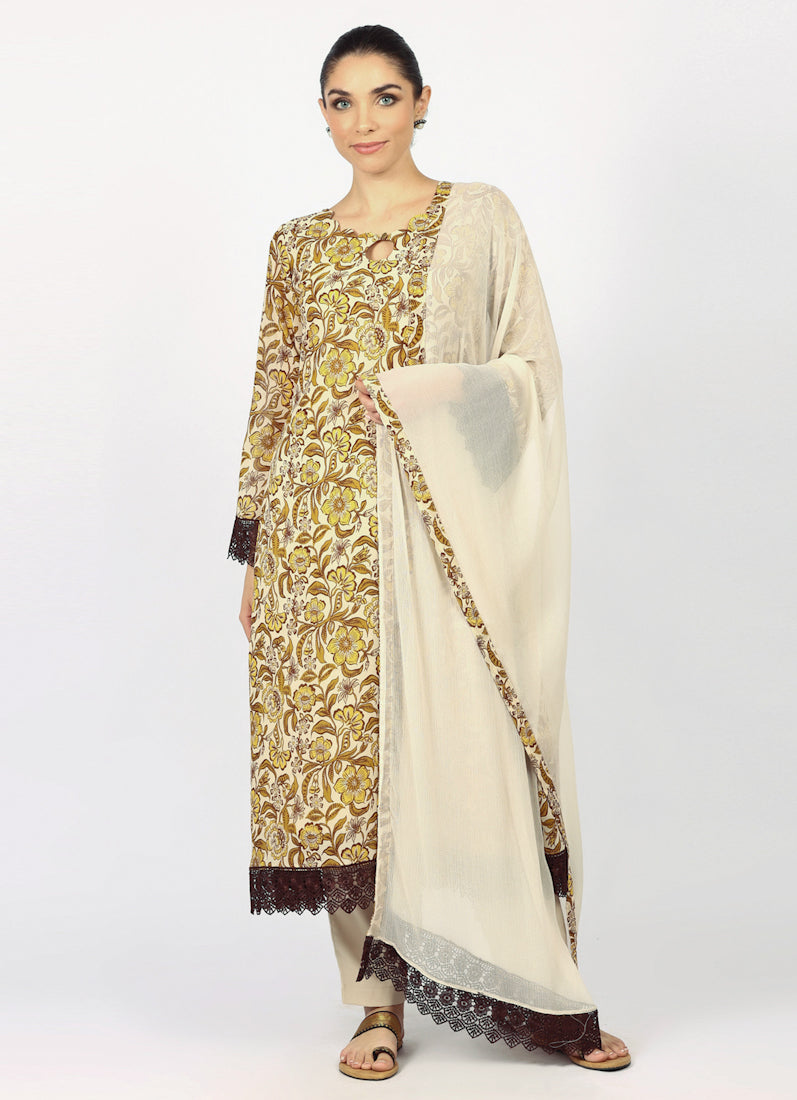 Mouse Brown Georgette Printd Suit Set