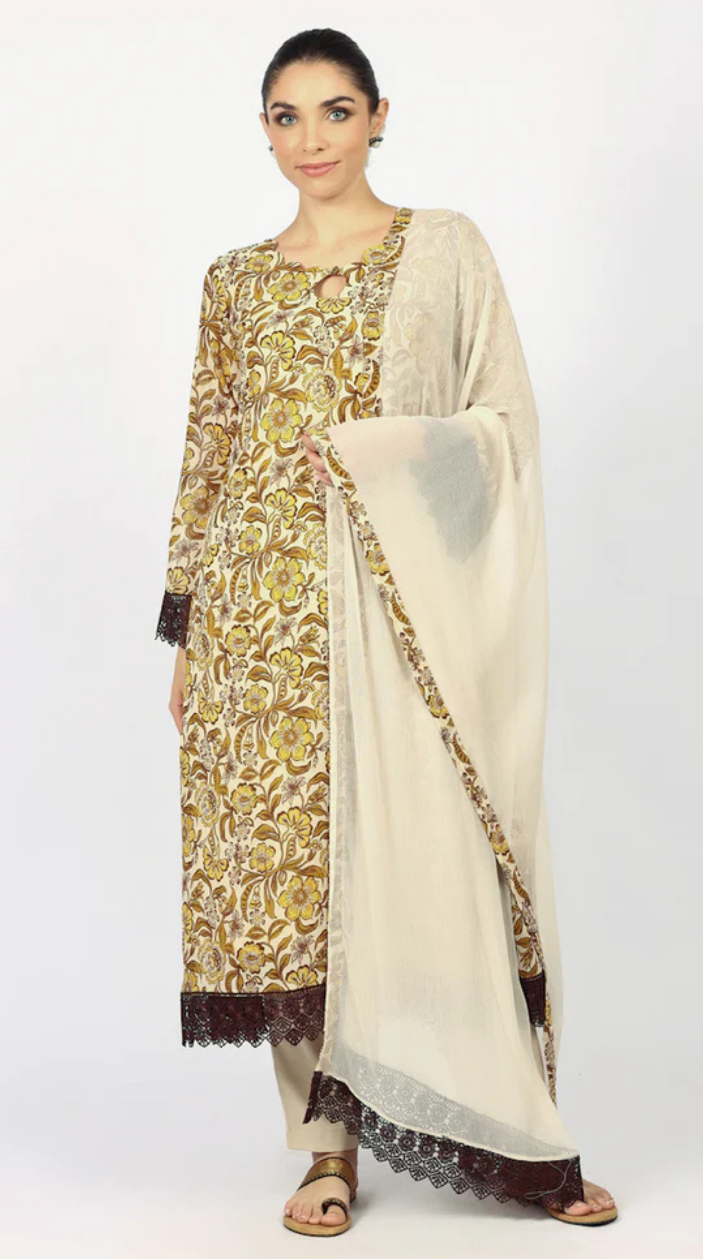 Mouse Brown Georgette Printd Suit Set