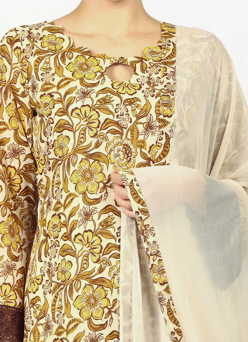 Mouse Brown Georgette Printd Suit Set