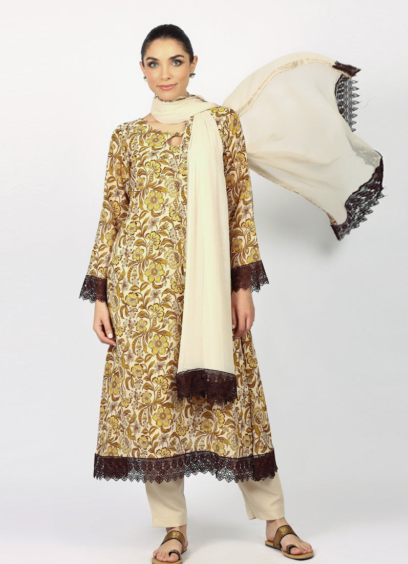 Mouse Brown Georgette Printd Suit Set