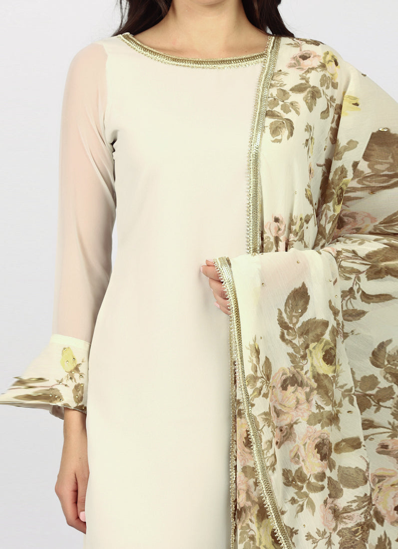 White Georgette Stone Work Suit Set