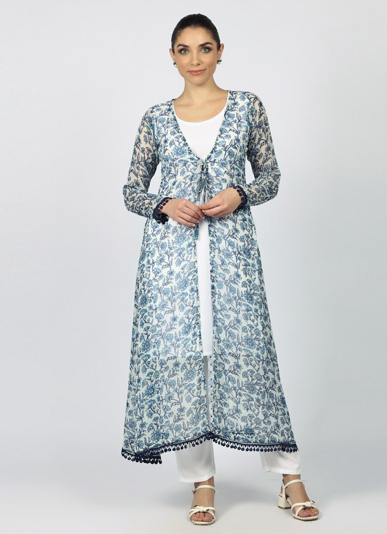 White Chiffion Printed Jacket Style Suit Set