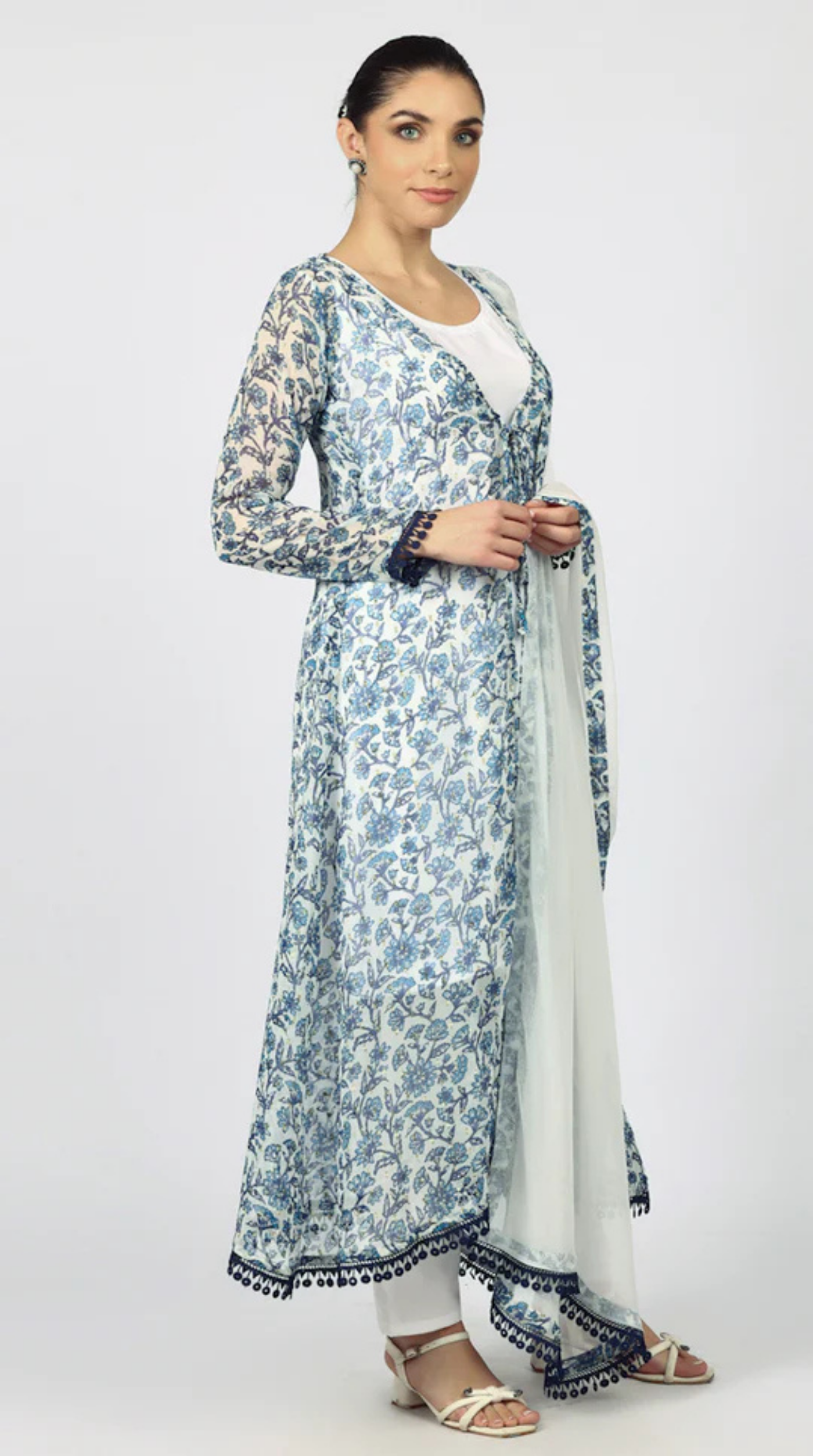 White Chiffion Printed Jacket Style Suit Set