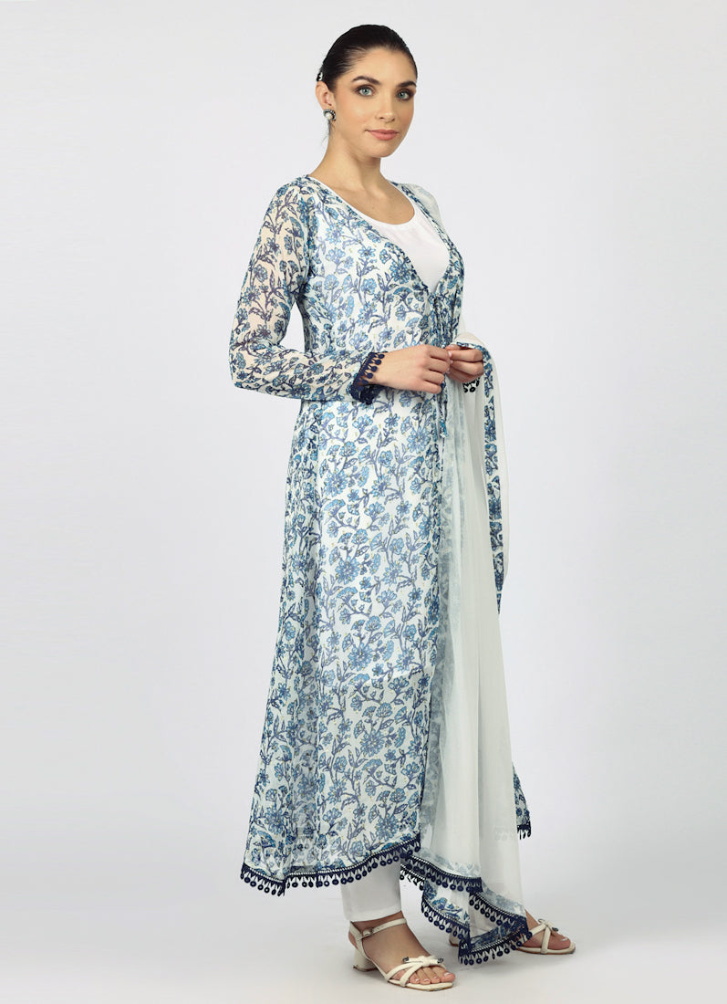 White Chiffion Printed Jacket Style Suit Set