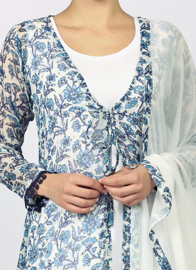 White Chiffion Printed Jacket Style Suit Set