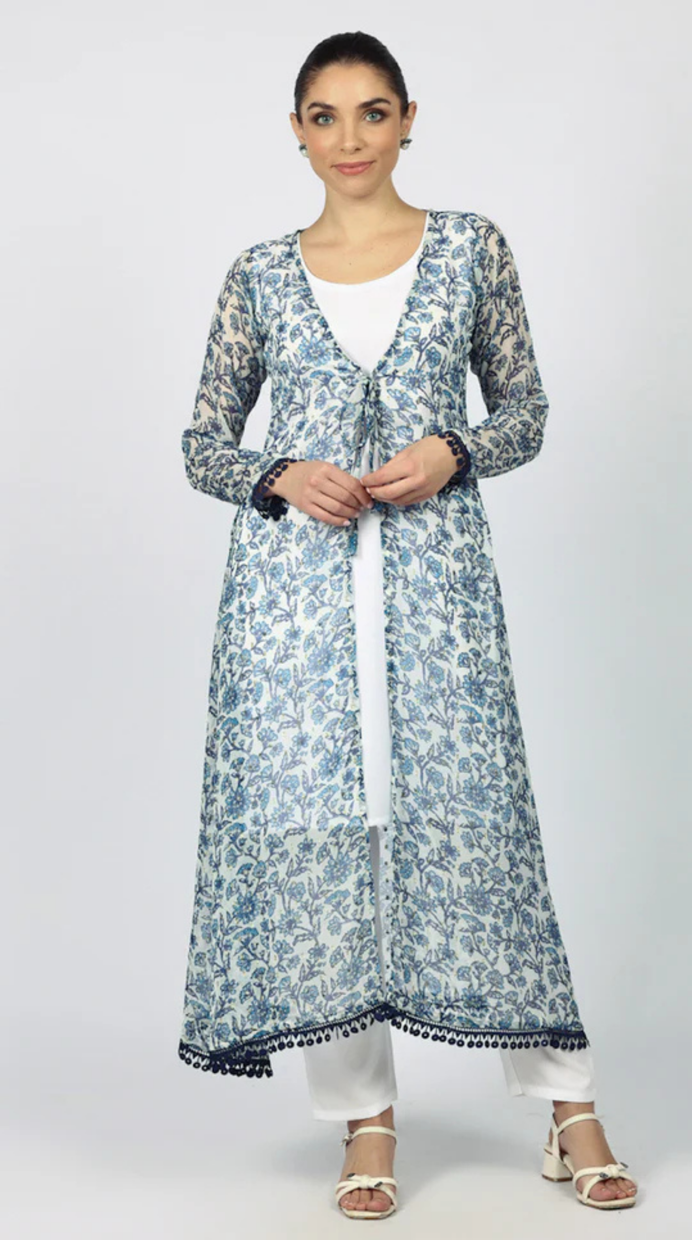 White Chiffion Printed Jacket Style Suit Set