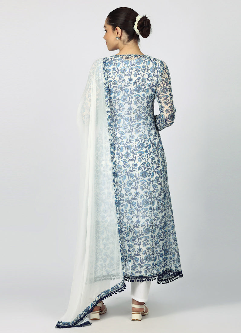 White Chiffion Printed Jacket Style Suit Set