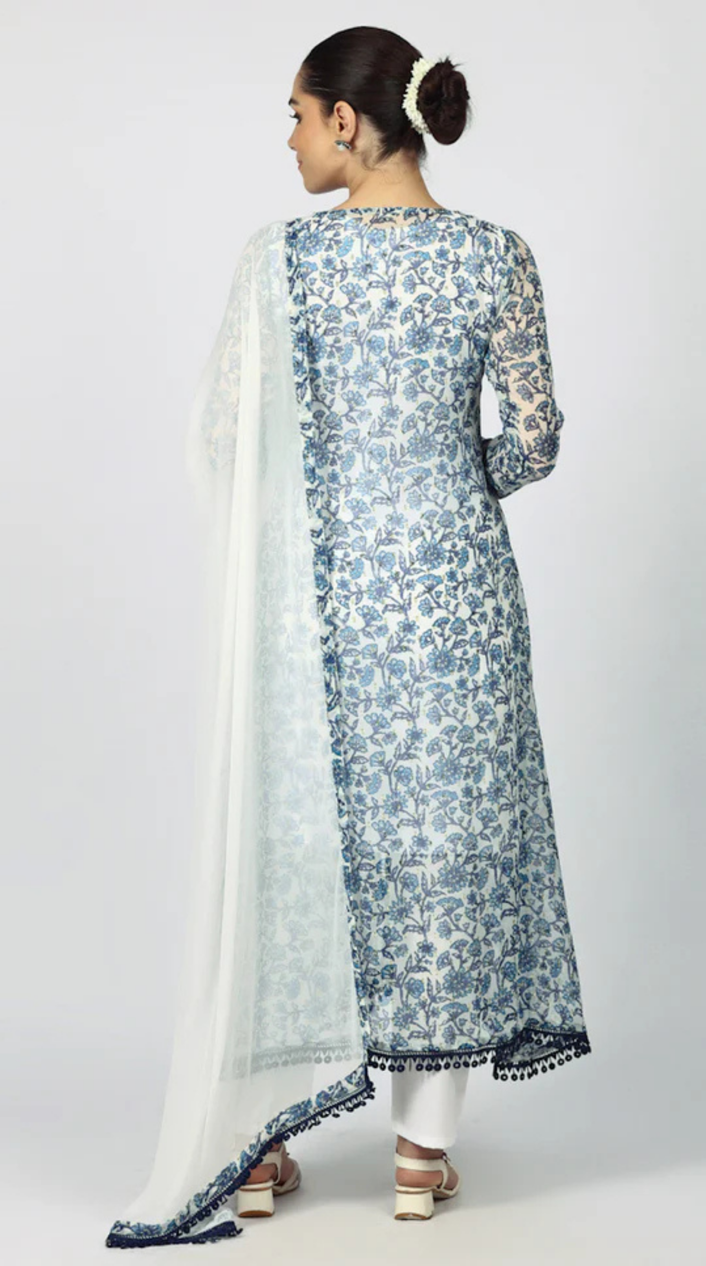 White Chiffion Printed Jacket Style Suit Set