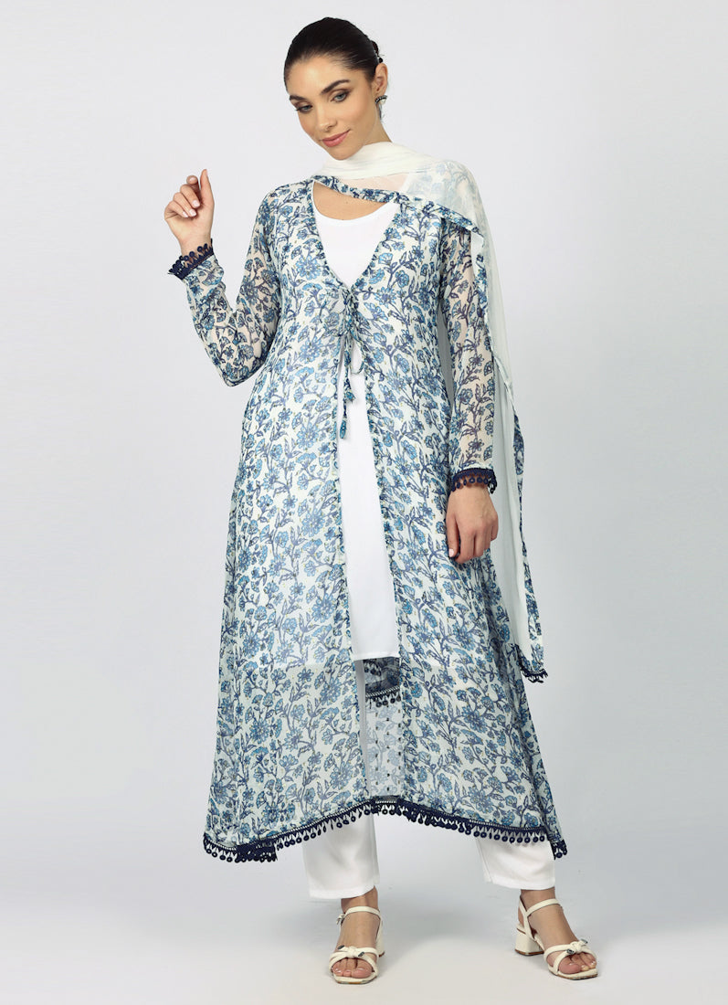 White Chiffion Printed Jacket Style Suit Set