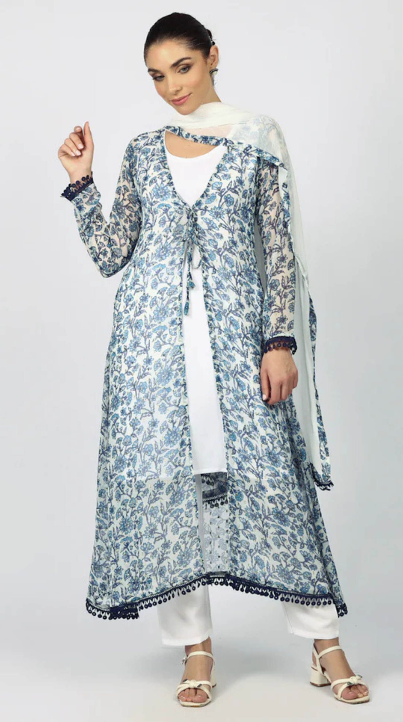 White Chiffion Printed Jacket Style Suit Set