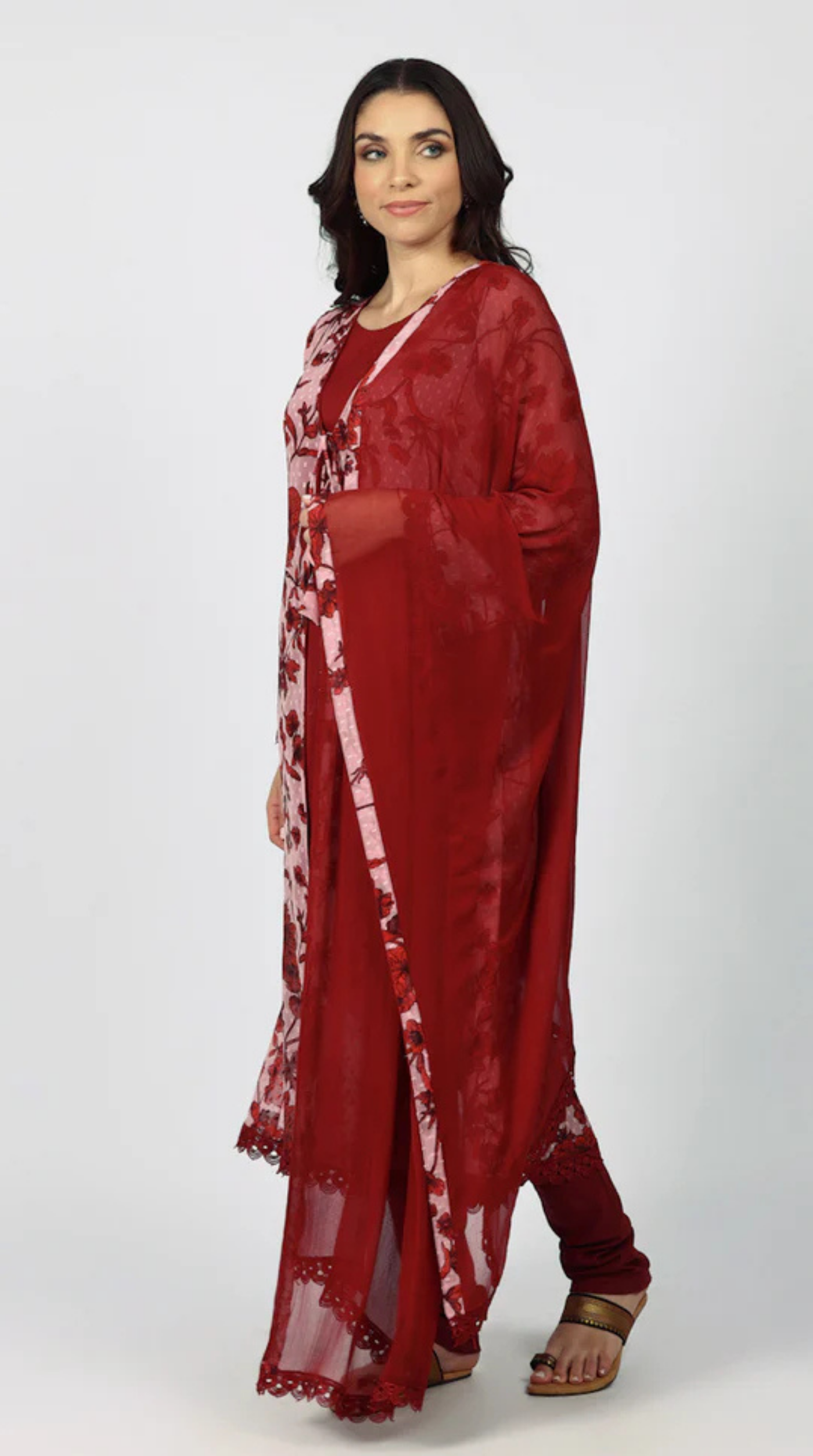 Wine Chiffion Printed Jacket Style Suit Set