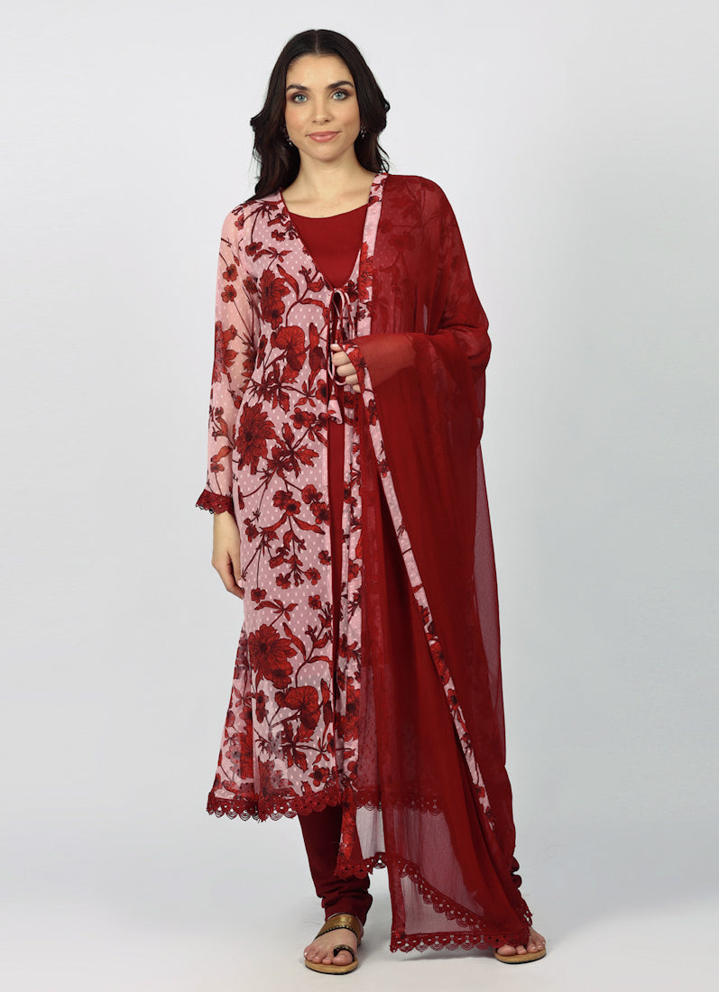 Wine Chiffion Printed Jacket Style Suit Set